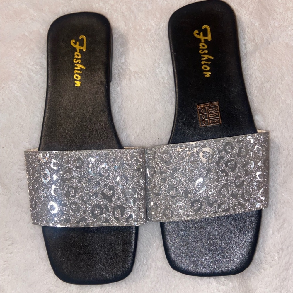 Silver Glitter Slide Sandals for Women